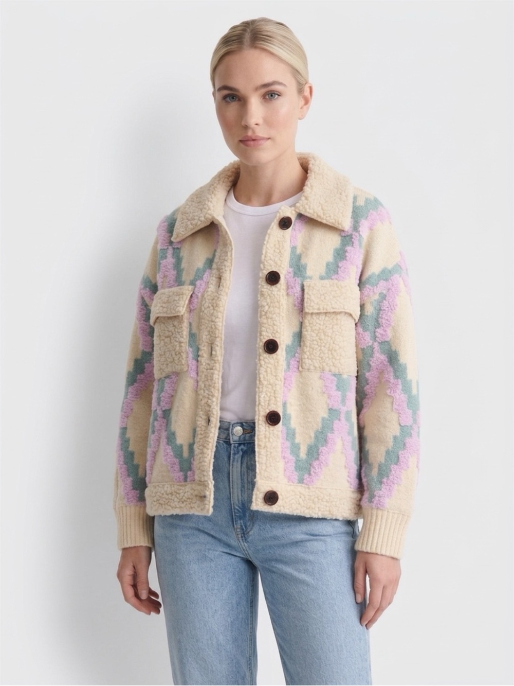 Cream Sherpa Button-Up Jacket with Pastel Pink & Mint Pattern